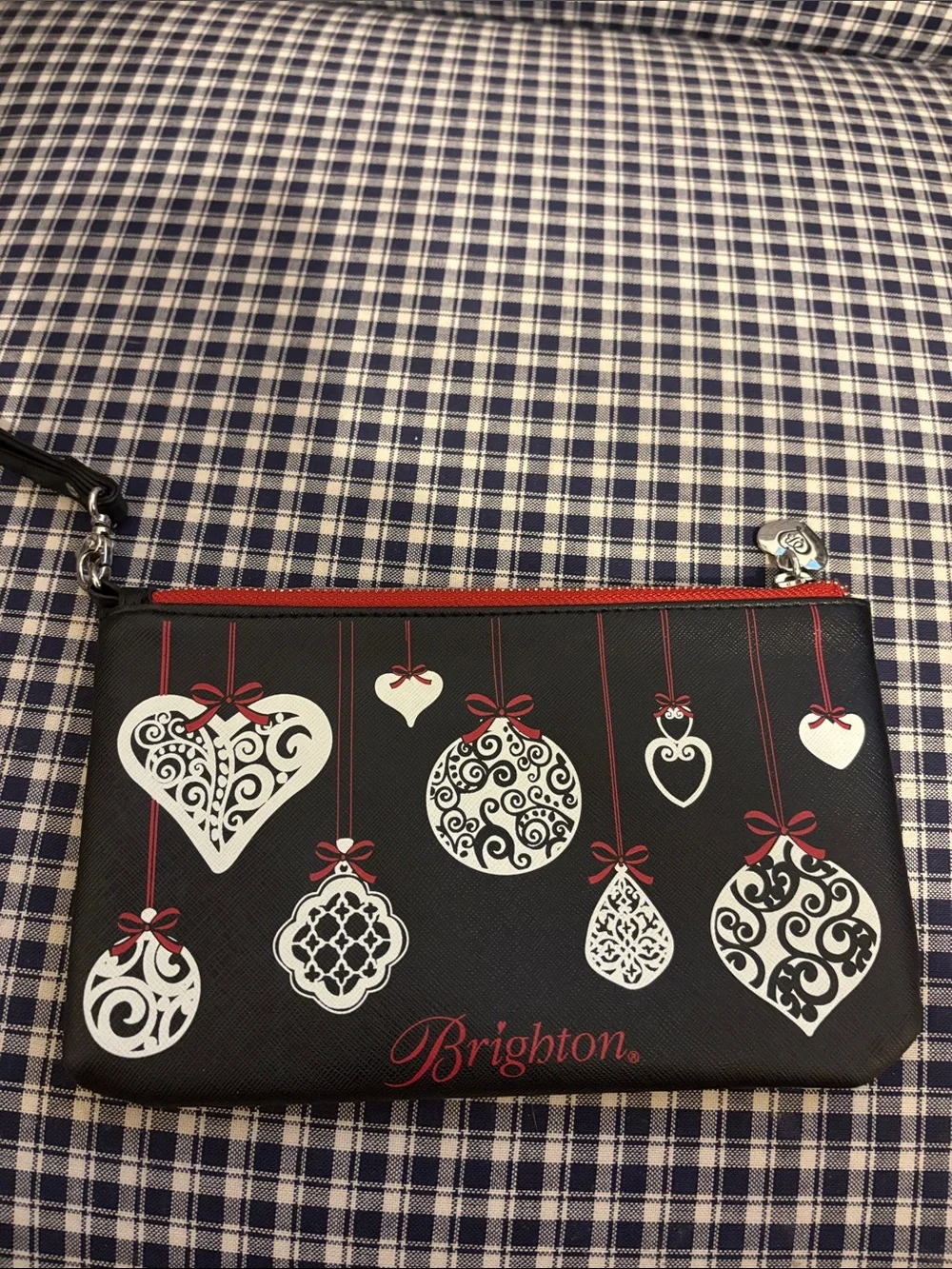 Brighton Black Wristlet Clutch with Red and White Holiday Ornaments